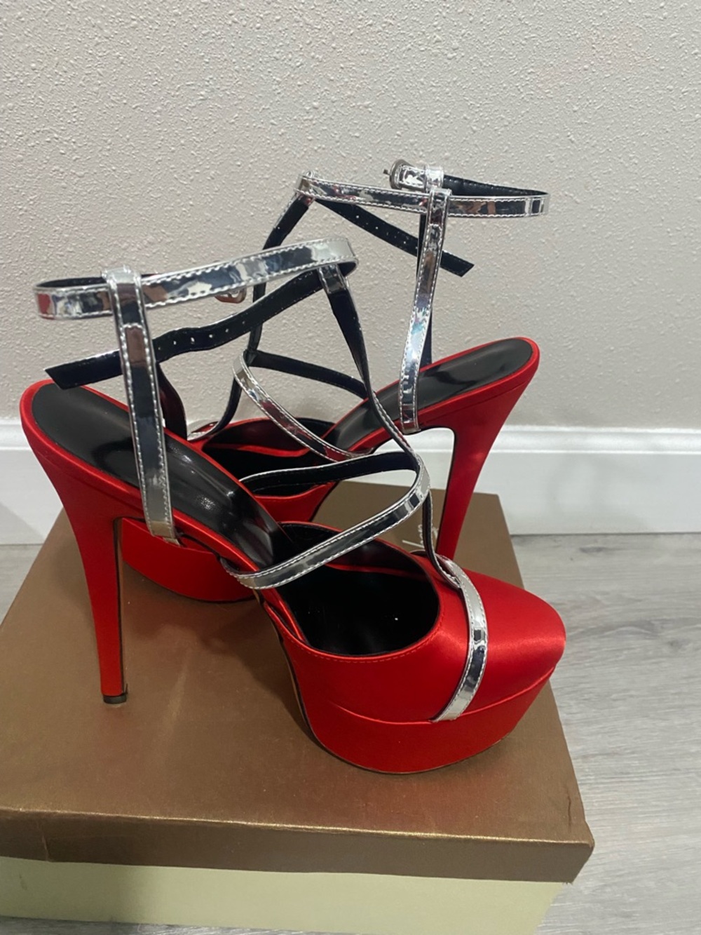 Women's Red Platform Stiletto Sandals with Silver Straps